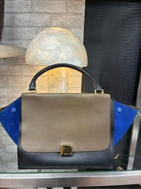 Celine Tri-Panel Top Handle Satchel in Blue, Black, and Taupe